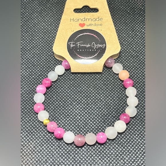 Rose Strawberry Quartz & Brushed Stone Beaded Bracelet Natural Handmade Boutique - Picture 10 of 10